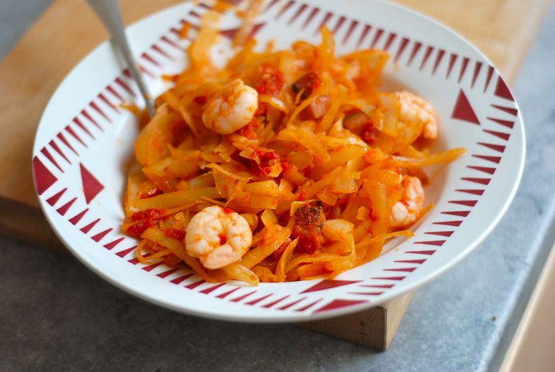 Spicy cabbage with shrimp and tomatoes Spicy cabbage with shrimp and tomatoes